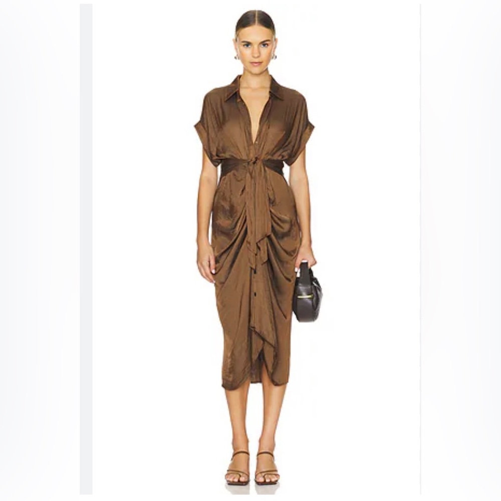Do + Be Brown Tie-Front Button Up Shirt Dress